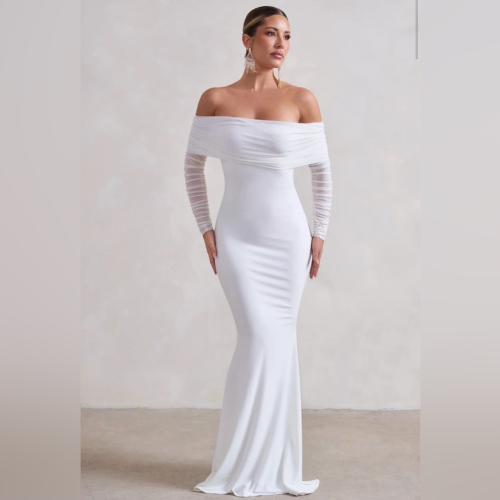 WHITE FISHTAIL MAXI DRESS WITH BARDOT MESH LONG SLEEVES
